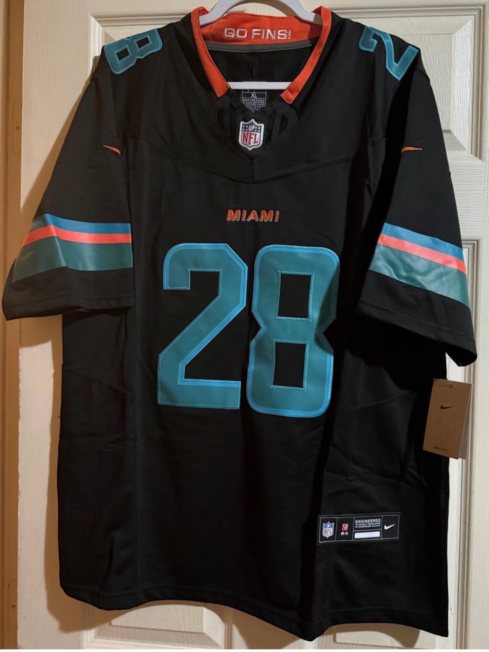 Nike Style Miami Dolphins Football Jersey 28 in Black, Aqua & Orange